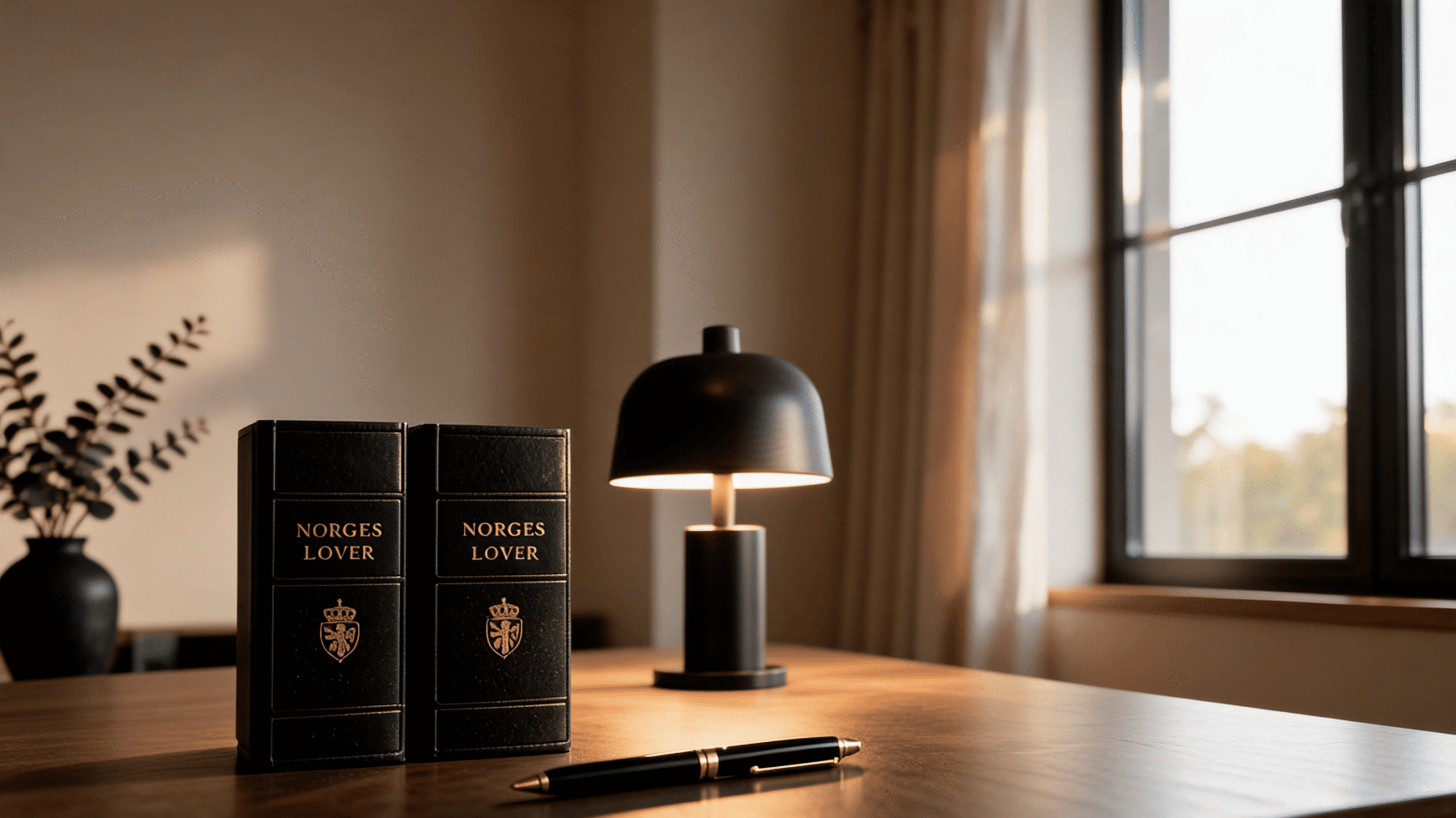 Lovbøker, penn og skrivebordslampe i varmt dagslys.