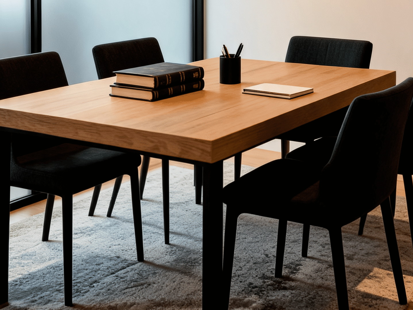 Møterom med eikebord, lovbøker og stoler.
